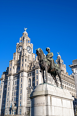 The Statue of king Edward V11 and The Liver Building,, Pier Head, Liverpool.