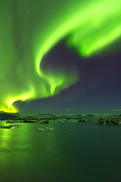 The Aurora Borealis (Northern Lights) display over Jokulsarlon Glacial Lagoon, South Iceland, Iceland, Polar Regions