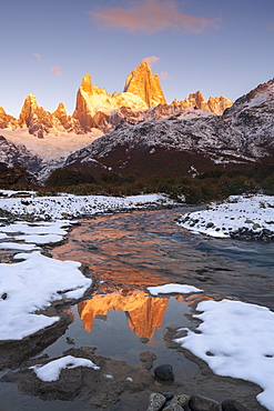 Mount Fitz Roy and Cerro Torre with snow at sunrise reflected, Los Glaciares National Park, UNESCO World Heritage Site, El Chalten, Santa Cruz Province, Patagonia, Argentina, South America