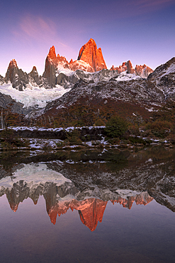 Mountain range of Cerro Torre and Fitz Roy at sunrise reflected, Los Glaciares National Park, UNESCO World Heritage Site, El Chalten, Patagonia, Argentina, South America