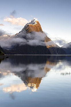 Mitre Peak reflected at Milford Sound, Fiordland National Park, UNESCO World Heritage Site, South Island, New Zealand, Pacific