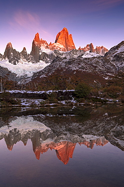 Mountain range of Cerro Torre and Fitz Roy at sunrise reflected, Los Glaciares National Park, UNESCO World Heritage Site, El Chalten, Santa Cruz Province, Patagonia, Argentina, South America