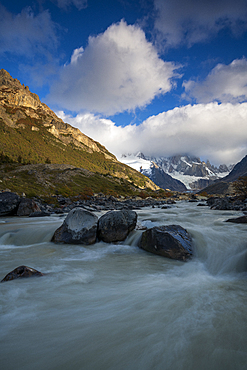 Flowing Rio Fitz Roy River, Mount Fitz Roy and Cerro Torre, El Chalten, Los Glaciares National Park, UNESCO World Heritage Site, Patagonia, Argentina, South America