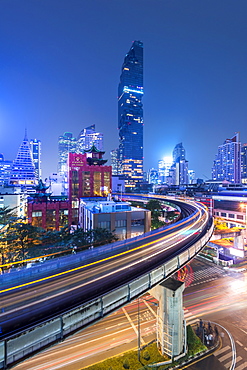 Mahanakhon building and BTS skytrain at Silom Road, Bangkok business district, Bangkok Thailand, Southeast Asia, Asia