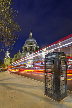 St. Paul's Cathedral at dusk with light trails, London, England, United Kingdom, Europe