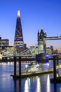 The Shard and Tower Bridge with Naval vessel on the River Thames, London, England, United Kingdom, Europe