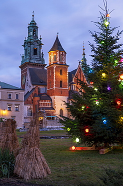 Wawel Castle with Christmas tree, UNESCO World Heritage Site, Krakow, Poland, Europe