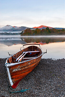 A rowing boats moored at Derwentwater, Lake District National Park, UNESCO World Heritage Site, Cumbria, England, United Kingdom, Europe