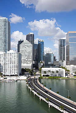 Bridge leading to Brickell Key and Downtown Miami skyline, Florida, United States of America, North America