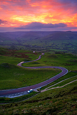 Amazing sunset looking towards Rushup Edge and the winding Edale Road, Derbyshire, England, United Kingdom, Europe