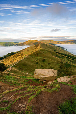 A cloud inversion either side of The Great Ridge and Mam Tor, Peak District, Derbyshire, England, United Kingdom, Europe