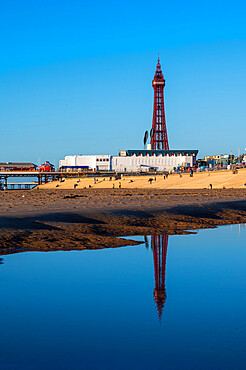 Blackpool Tower reflected at low tide, Blackpool, Lancashire, England, United Kingdom, Europe