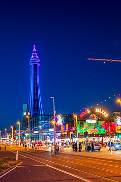 The Golden Mile and Blackpool Tower at night, Blackpool, Lancashire, England, United Kingdom, Europe