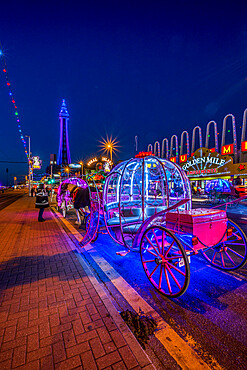 The Golden Mile with glass horse drawn carriage, Blackpool, Lancashire, England, United Kingdom, Europe