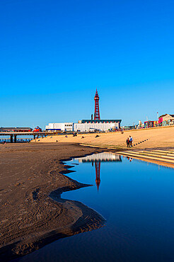 View at low tide with reflected Blackpool Tower, Blackpool, Lancashire, England, United Kingdom, Europe