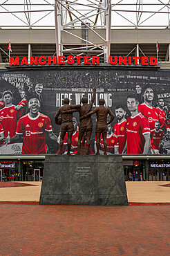 Manchester United Football Club and statue, Manchester, England, United Kingdom, Europe