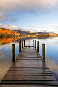 Ashness Pier Jetty in autumn, Derwentwater, Keswick, Lake District National Park, UNESCO World Heritage Site, Cumbria, England, United Kingdom, Europe