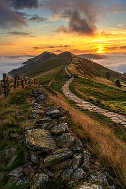 Path leading towards The Great Ridge with cloud inversion from Mam Tor, Peak District National Park, Derbyshire, England, United Kingdom, Europe