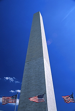 Washington Monument and stars and stripes flags, Washington D.C., United States of America (U.S.A.), North America