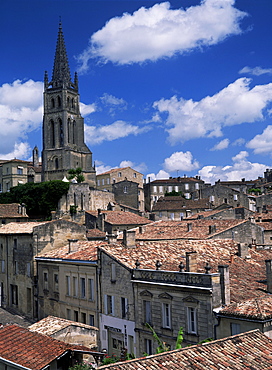 The tower of L'Eglise Monolithe, St. Emilion, Gironde, Aquitaine, France, Europe