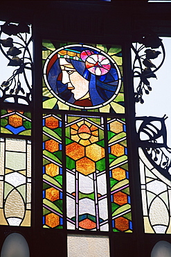 Detail of art nouveau glasswork on the Community House, Prague, Czech Republic, Europe