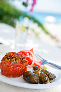 Greek Food, stuffed peppers and dolmades, Ialyssos, Rhodes, Dodecanese, Greek Islands, Greece, Europe