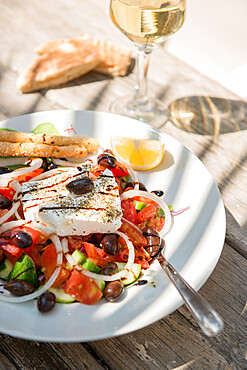 Cypriot Village Salad served with pitta bread and white wine, Cyprus, Mediterranean, Europe