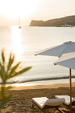 View over Lindos beach at sunrise, Lindos, Rhodes, Dodecanese, Greek Islands, Greece, Europe