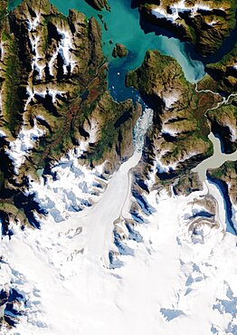 Color satellite image of Jorge Montt Glacier, Patagonia, Chile on May 24, 2016. The fjord in front of Jorge Montt is choked with icebergs.