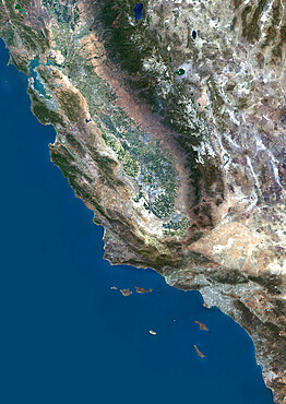 Color satellite image of San Francisco to Los Angeles, California, United States