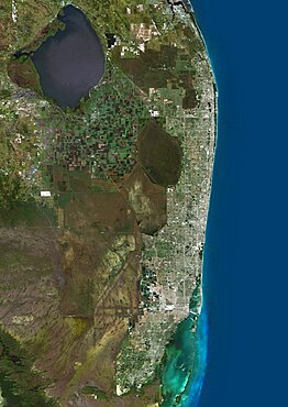 Color satellite image of Miami Metropolitan Area, Florida, United States. The Everglades natural region is at west and Biscayne National Park at south. Image collected on January 06, 2017 by Sentinel-2 satellites.