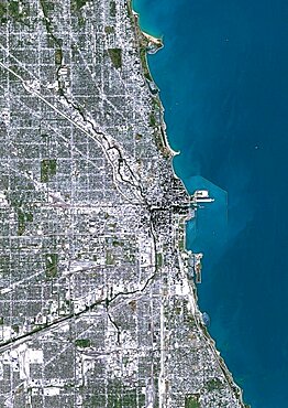 Color satellite image of Chicago, Illinois, United States. The city is located at the south western tip of Lake Michigan. Image collected on October 08, 2017 by Sentinel-2 satellites.