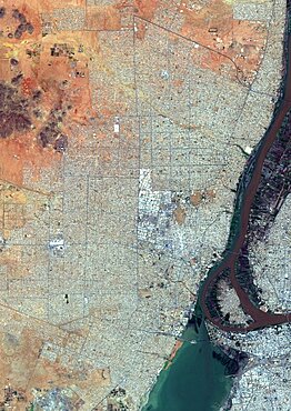 Color satellite image of Omdurman, Sudan. The city lies on the western banks of the River Nile, opposite the capital Khartoum. Image collected on October 25, 2017 by Sentinel-2 satellites.