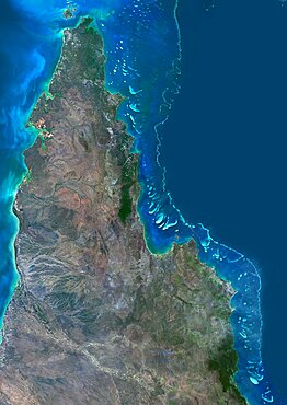 Satellite view of the Northern Great Barrier Reef along the east coast of Cape York Peninsula in north Australia. This image was compiled from data acquired in 2014 by Landsat 8 satellite.