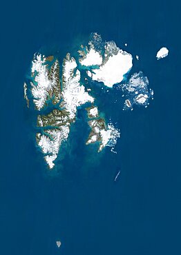 Satellite view of Svalbard, Norway. It is a Norwegian archipelago in the Arctic Ocean. This image was compiled from data acquired by Landsat satellites.