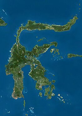 Satellite view of Sulawesi, Indonesia. This image was compiled from data acquired by Landsat satellites.