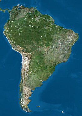 Satellite view of South America. This image was compiled from data acquired by Landsat 7 & 8 satellites.