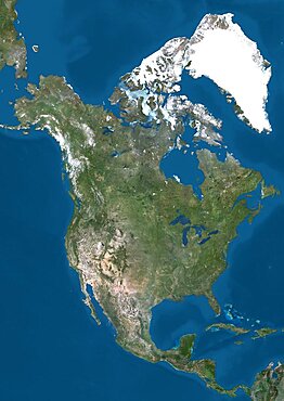 Satellite view of North America. This image was compiled from data acquired by Landsat 7 & 8 satellites.