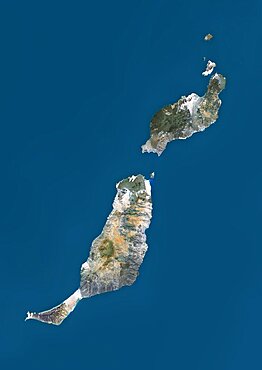 Satellite view of Fuerteventura and Lanzarote, Canary Islands, Spain. This image was compiled from data acquired by Landsat 8 satellite in 2014.