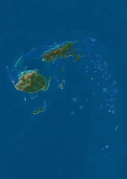 Satellite view of the Fiji Islands. This image was compiled from data acquired by Landsat 8 satellite in 2014.