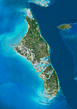 Satellite view of Andros Islands and New Providence, Bahamas. New Providence is the most populous island in the Bahamas and it houses the capital city of Nassau