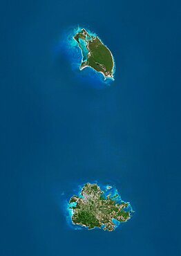 Satellite view of Antigua And Barbuda. This image was compiled from data acquired by Landsat satellites.