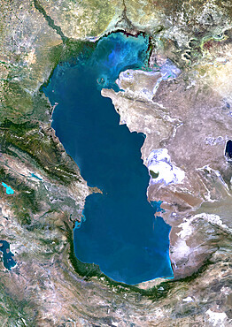 Caspian Sea, Asia, True Colour Satellite Image. True colour satellite image of the Caspian Sea in Asia. It is bounded by Iran, Russia, Kazakhstan, Turkmenistan and Azerbaijan. The Caspian Sea is the world's largest inland sea. Composite image using LANDSAT 5 data.