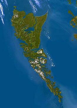 Queen Charlotte Islands, Canada, True Colour Satellite Image. True colour satellite image of Queen Charlotte Islands, an archipelago on the British Columbia Coast, Canada, in the Pacific ocean. Image using LANDSAT 7 data.