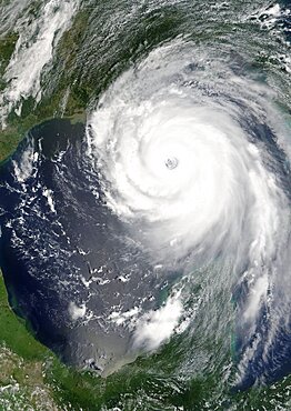 Hurricane Katrina, Louisiana, Us, On 28/08/2005, True Colour Satellite Image. Hurricane Katrina on 28 August 2005 near peak strength over the Gulf of Mexico. True-colour satellite image using MODIS data.