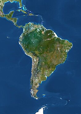 South America, True Colour Satellite Image. True colour satellite image of South America. This image in Lambert Azimuthal Equal Area projection was compiled from data acquired by LANDSAT 5 & 7 satellites.