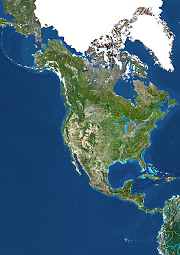 North America With Country Borders And Major Rivers, True Colour Satellite Image