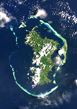 Mayotte, Africa, True Colour Satellite Image. Satellite view of Mayotte, an overseas collectivity of France, in the northern Mozambique Channel in the Indian Ocean. This image was compiled from data acquired by LANDSAT 5 & 7 satellites.