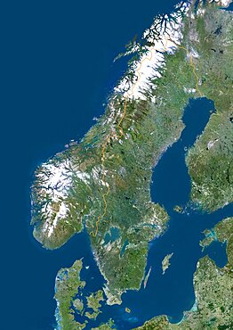 Sweden, Europe, True Colour Satellite Image With Border. Satellite view of Sweden (with border). This image was compiled from data acquired by LANDSAT 5 & 7 satellites.