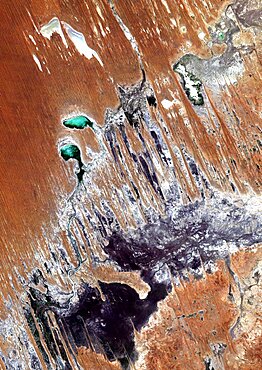 Simpson Desert , Australia, True Colour Satellite Image. True colour satellite image of the Simpson Desert in the Australian Outback. The sand dunes are coloured in red because of iron oxyd. The green areas are lakes and oueds. East is a calcareous plateau. Image taken on 29 July 1992 using LANDSAT data.